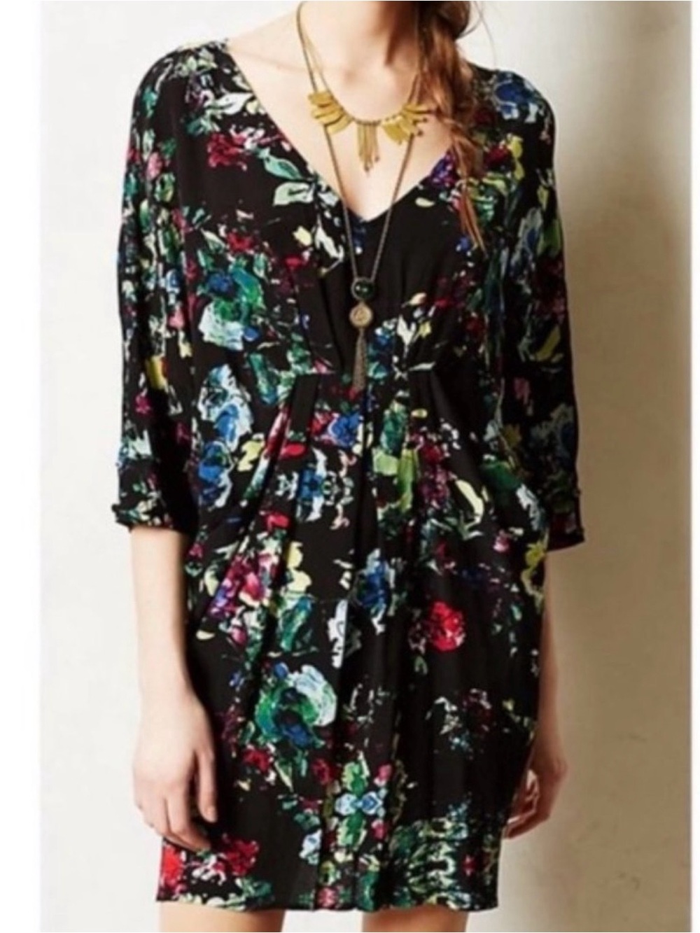 Anthropologie Maeve Petal Palette Black Floral Dolman Drape Dress Small
